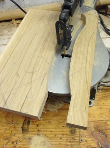 Cutting white oak bows for a medieval bow saw on a scroll saw. These stack together tightly, leaving very little waste.