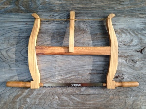 Finished white oak frame saw, finished with linseed oil, strung and ready for use.